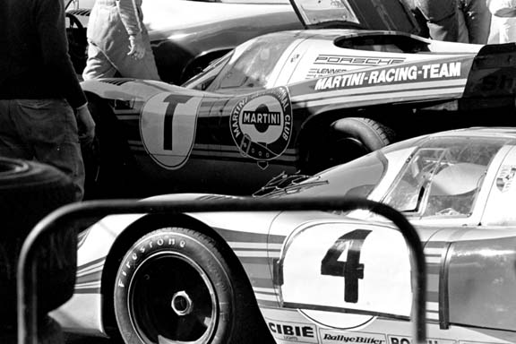 Two of the Martini Porsche 917s, one a test car. Photo published in: